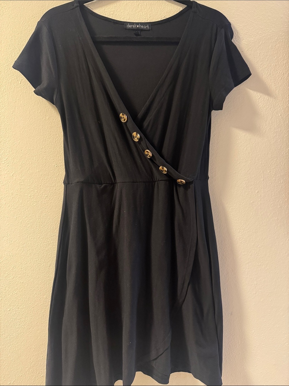 Derek Heart Black Midi Wrap Dress with Gold Buttons